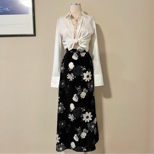 Vintage High Waist Floral Grayscale Maxi Skirt